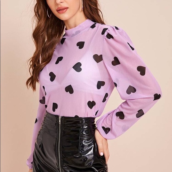 Heart Print Sheer Blouse (Without Bra) - Picture 2 of 5